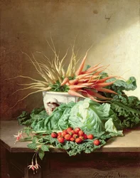 Bodegón de fresas, zanahorias y col